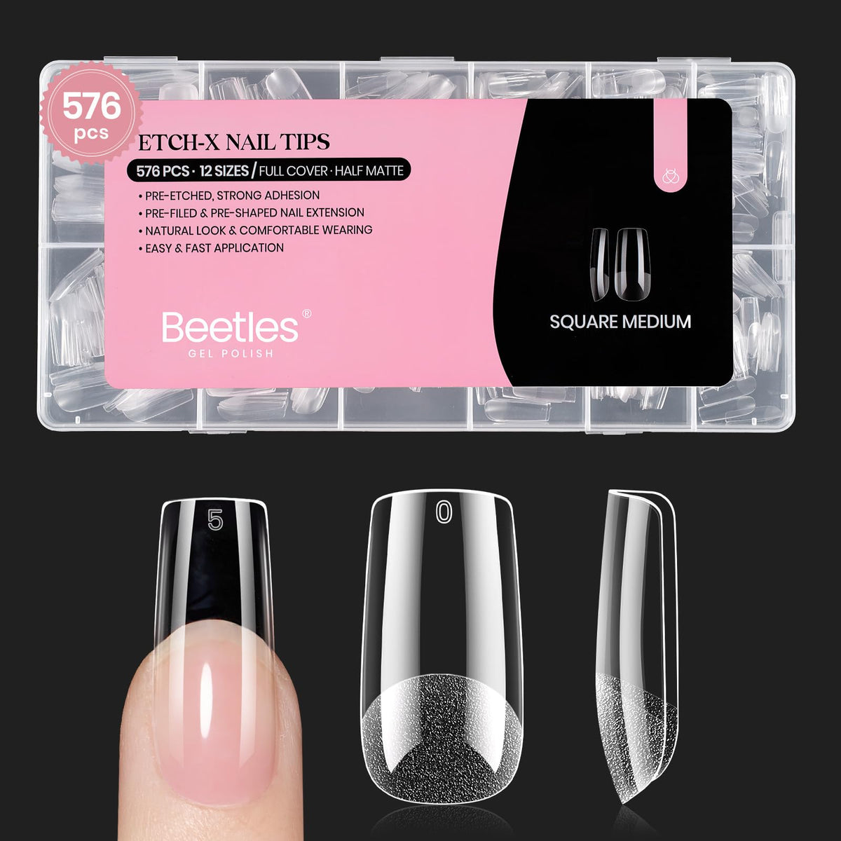 beetles Gel Polish Medium Square Nail Tips front view
