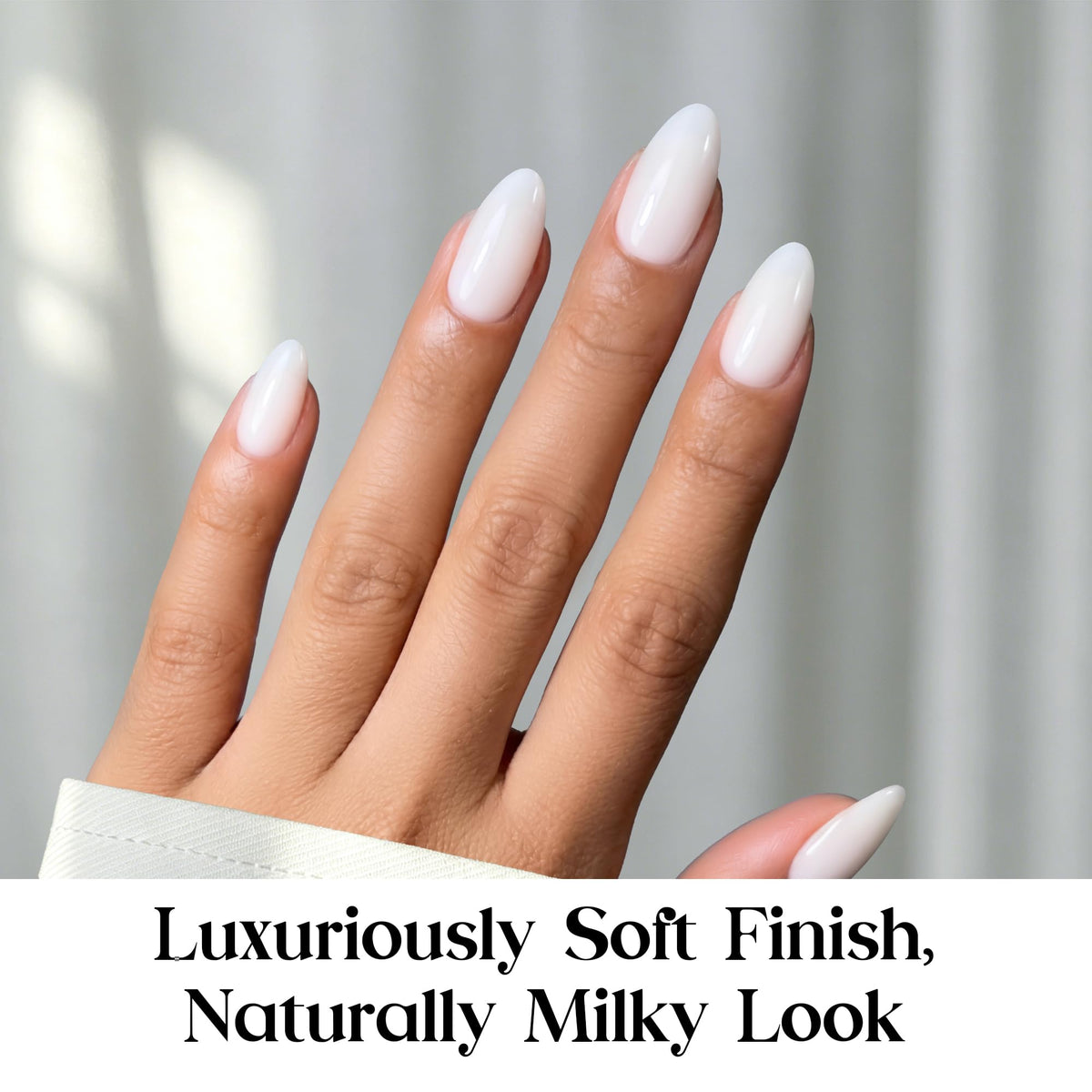beetles Gel Polish Milky White Press on Nails close-up of short almond shape
