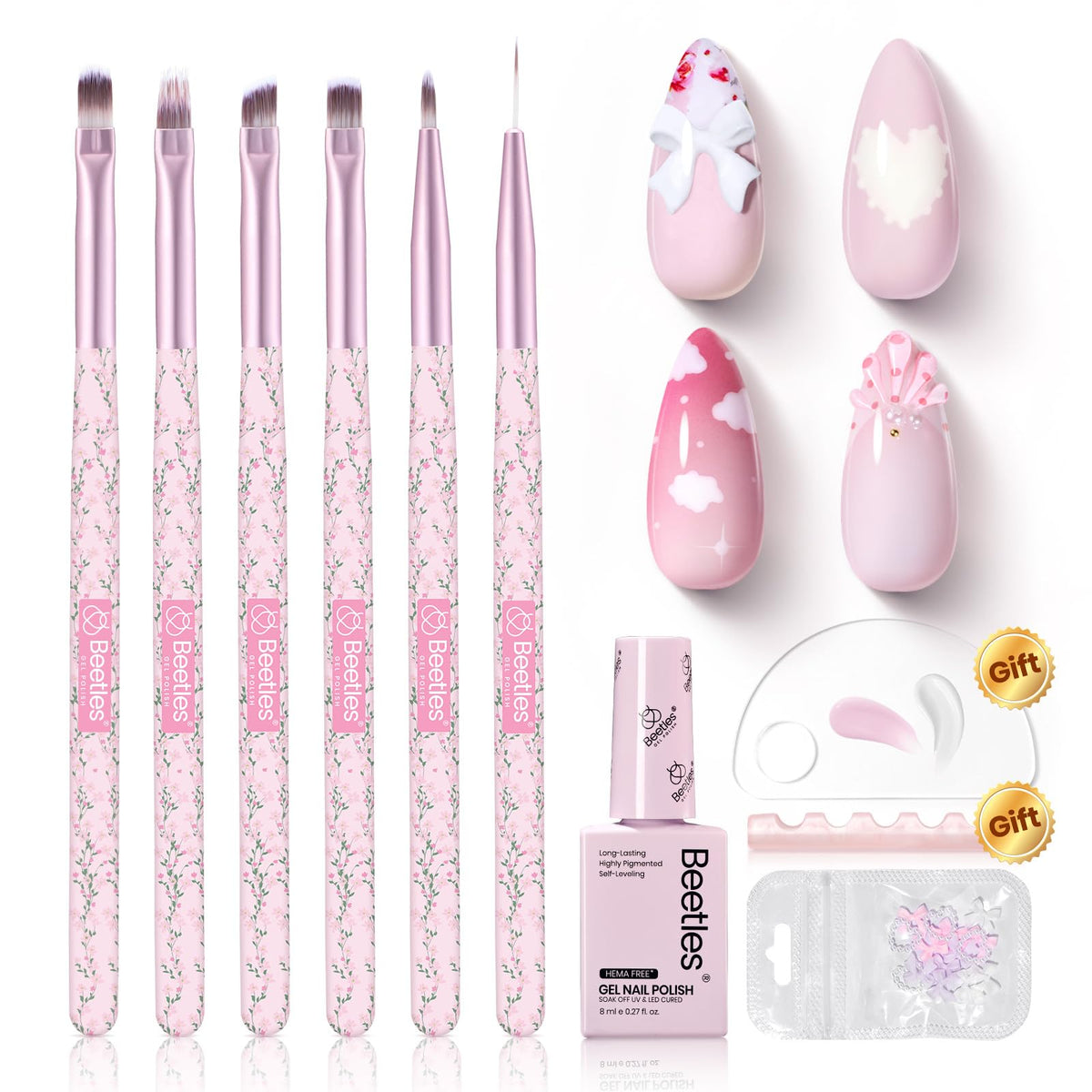 beetles Gel Polish Nail Art Brushes Set includes 6 brushes and pink gel