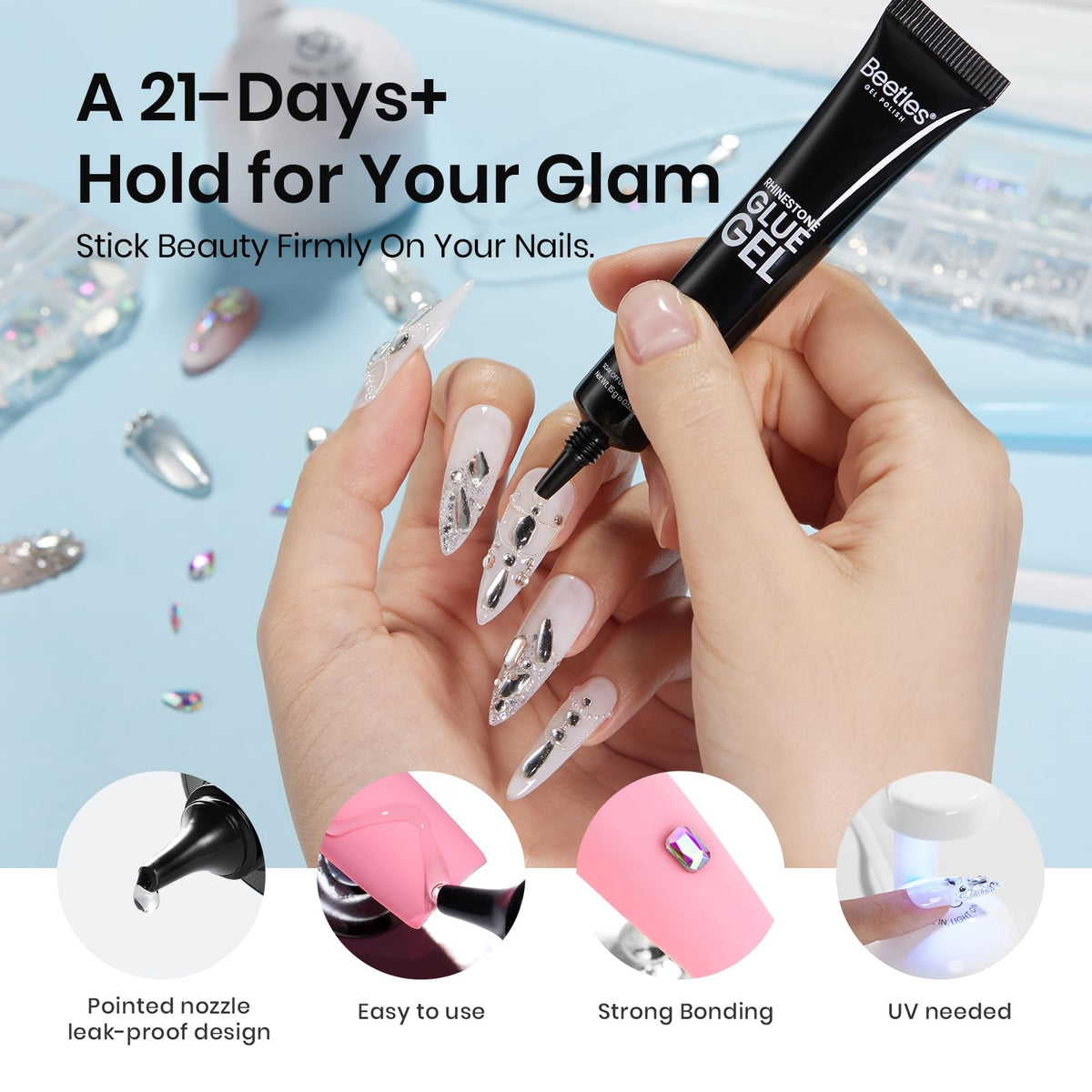 beetles Gel Polish Nail Glue application with rhinestones on nails