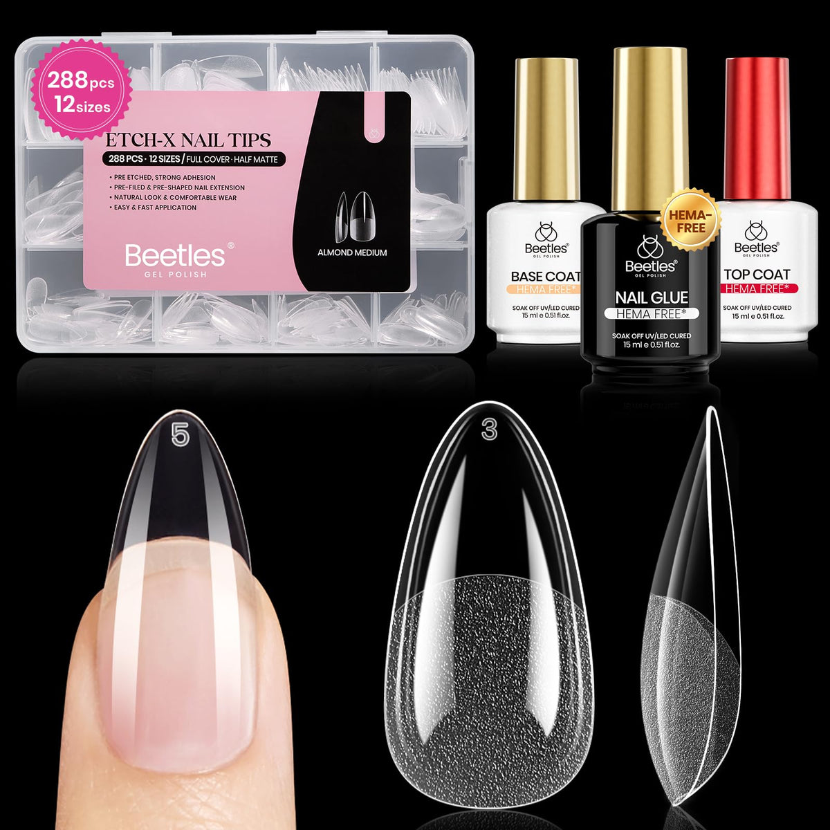 beetles Gel Polish Nail Tips 288pcs medium almond tips front view