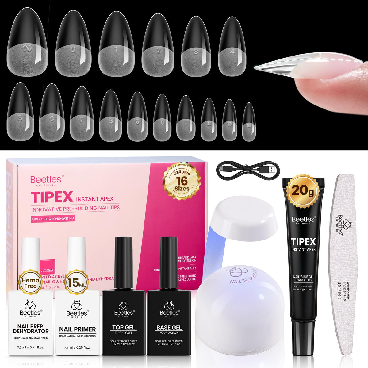 beetles Gel Polish Nail Tips Kit 224pcs medium almond front view