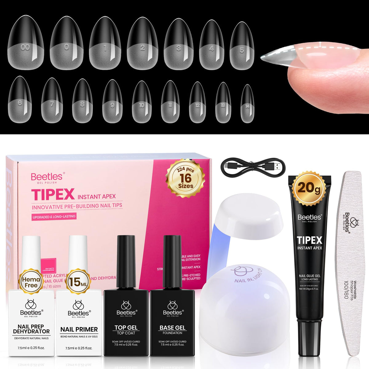 beetles Gel Polish Nail Tips Kit contents including tips and UV lamp