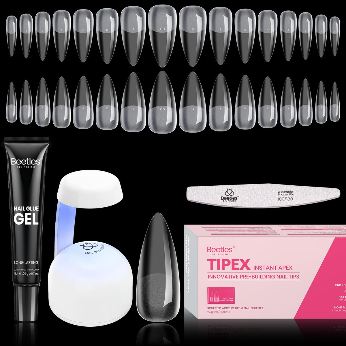 beetles Gel Polish Nail Tips Kit medium stiletto 224pcs front view