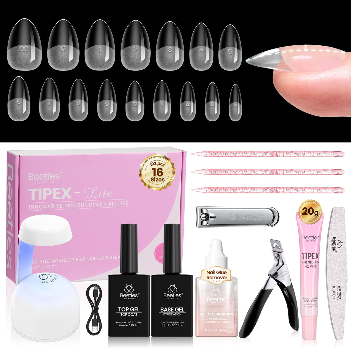 beetles Gel Polish Nail Tips Kit short almond 192pcs front view