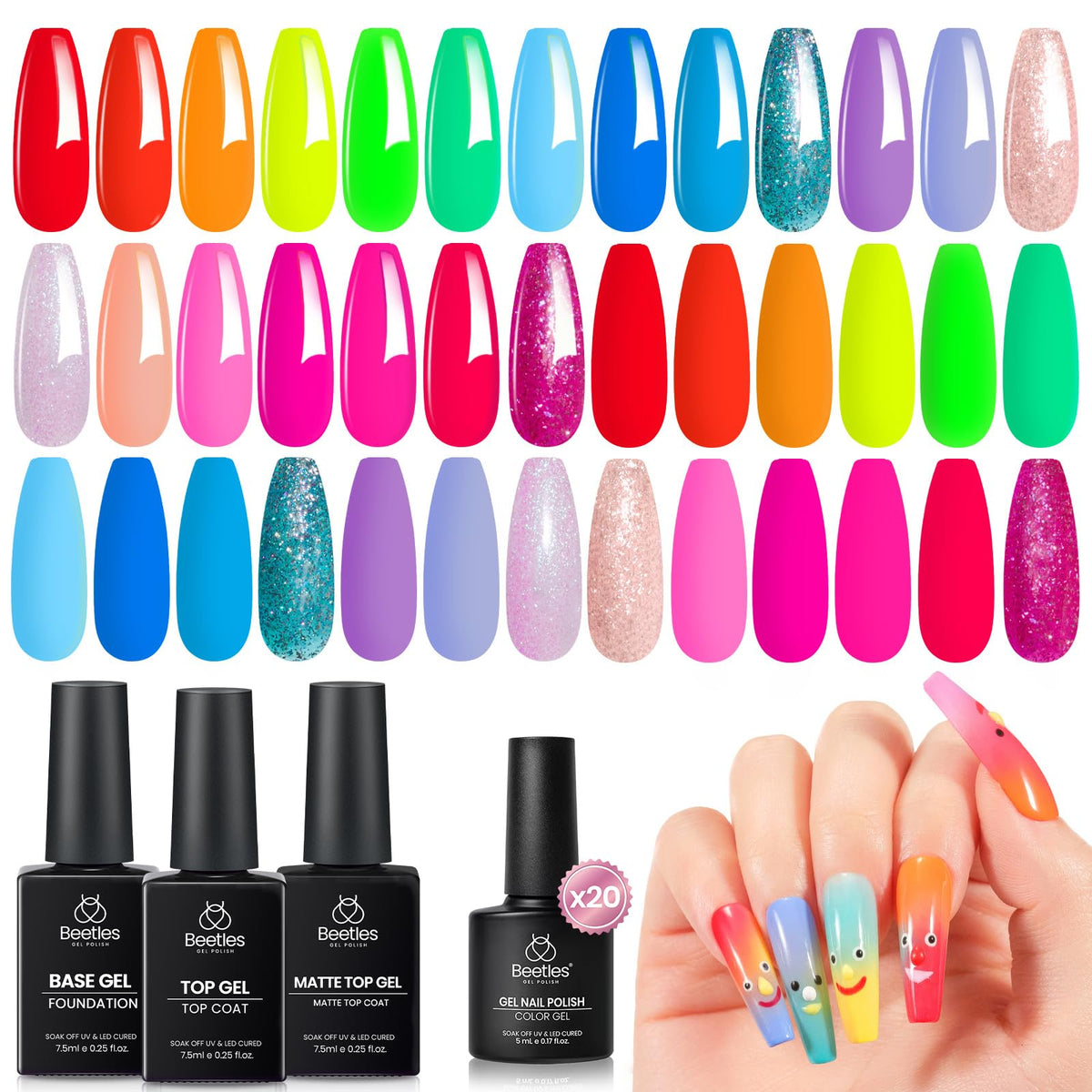 beetles Gel Polish Neon Gel Nail Polish Set 20 colors front view