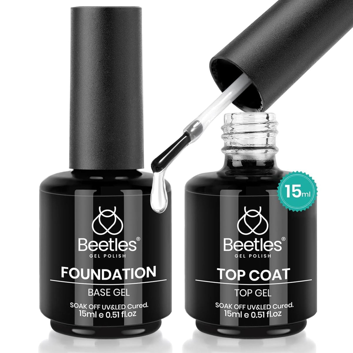 beetles Gel Polish No Wipe Top Coat and Base Coat Set 15ml front view