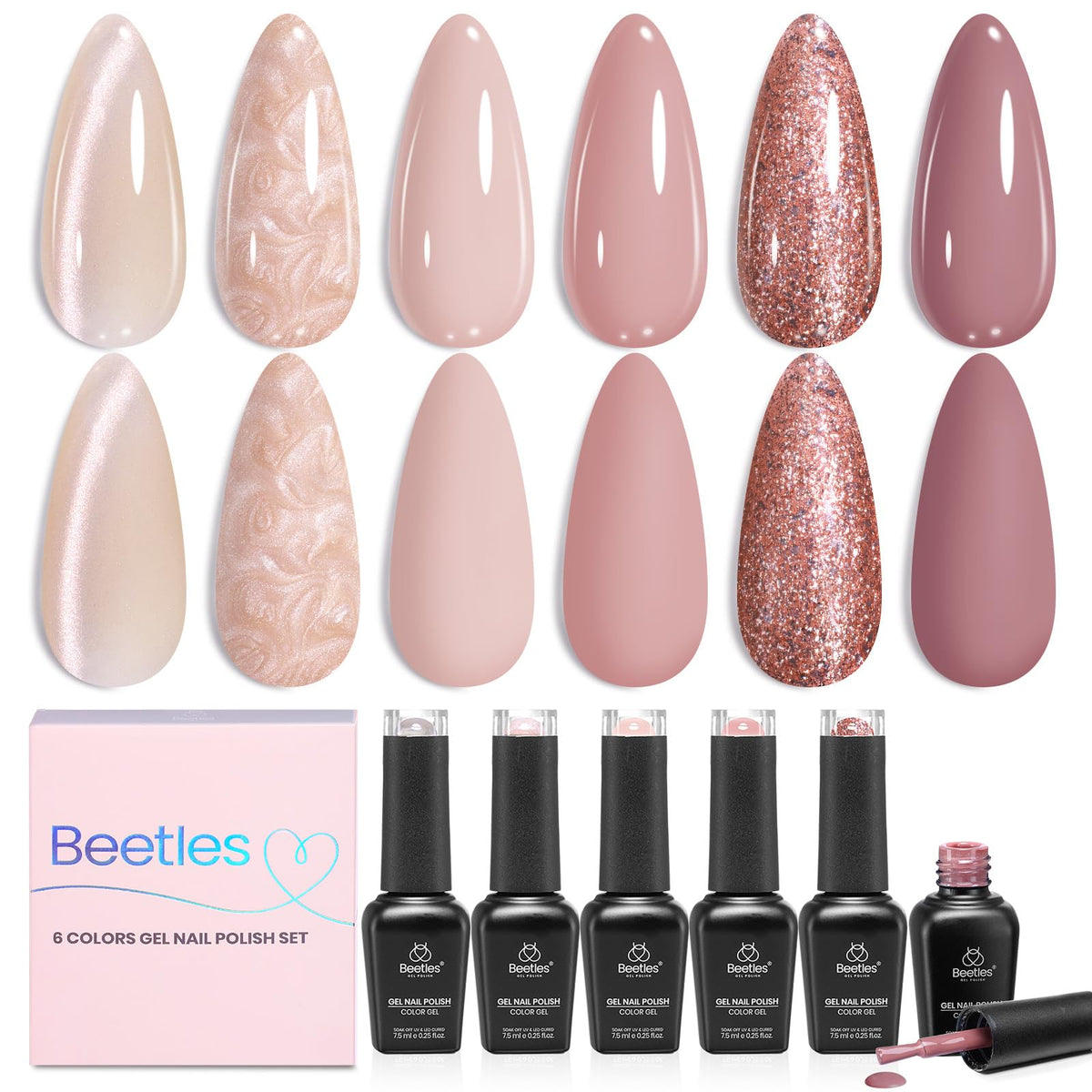 beetles Gel Polish Nude Gel Nail Polish Set front view with six shades