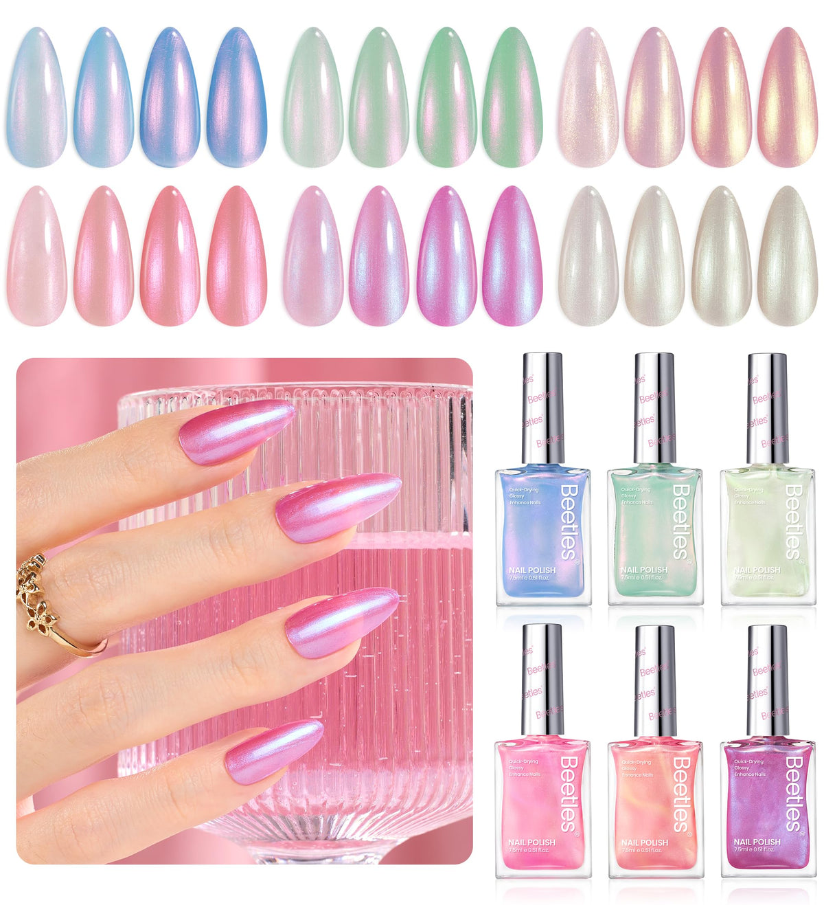 beetles Gel Polish Pearl Nail Polish Set applied nails showcasing shine
