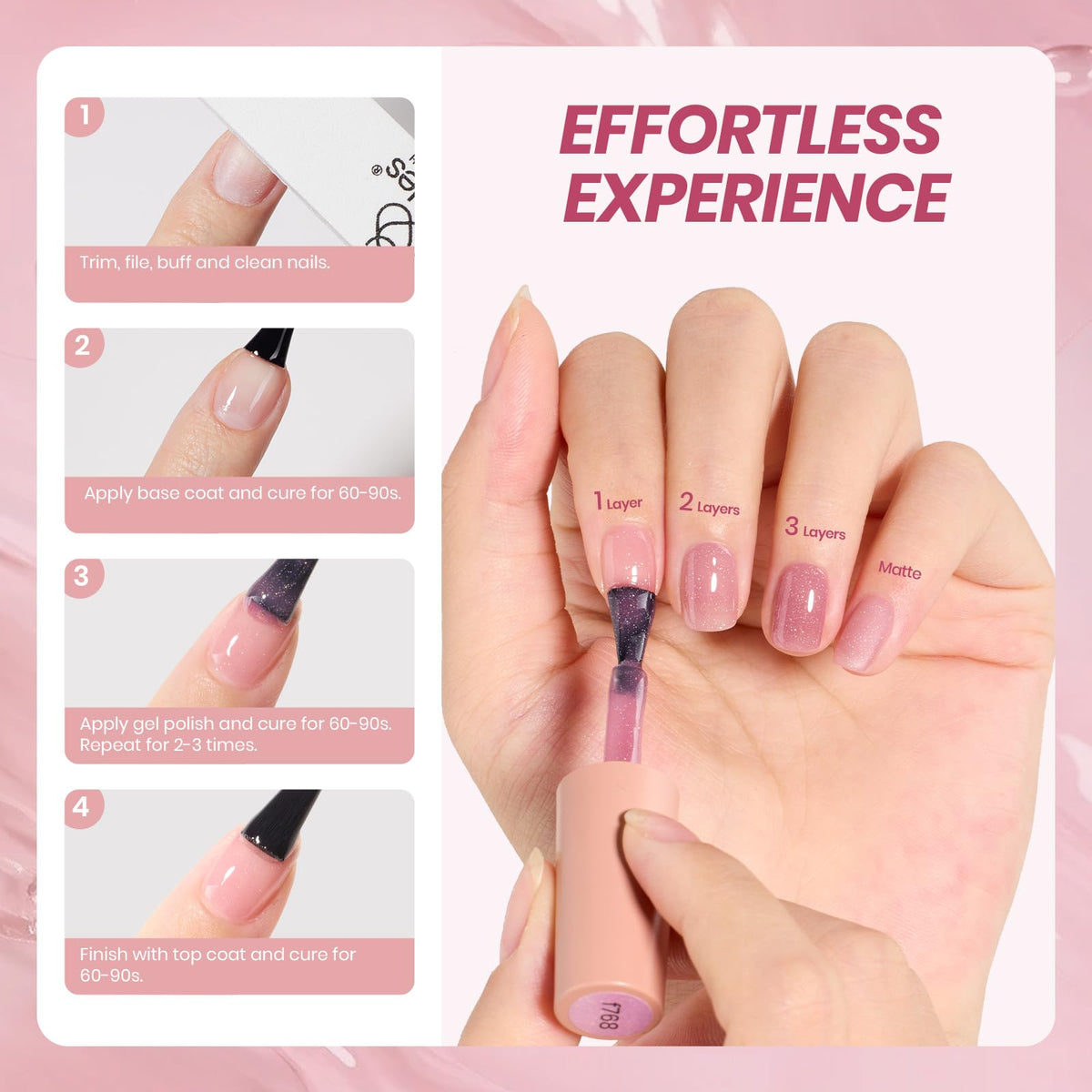 beetles Gel Polish Pink Gel Nail Polish Set showing different layers