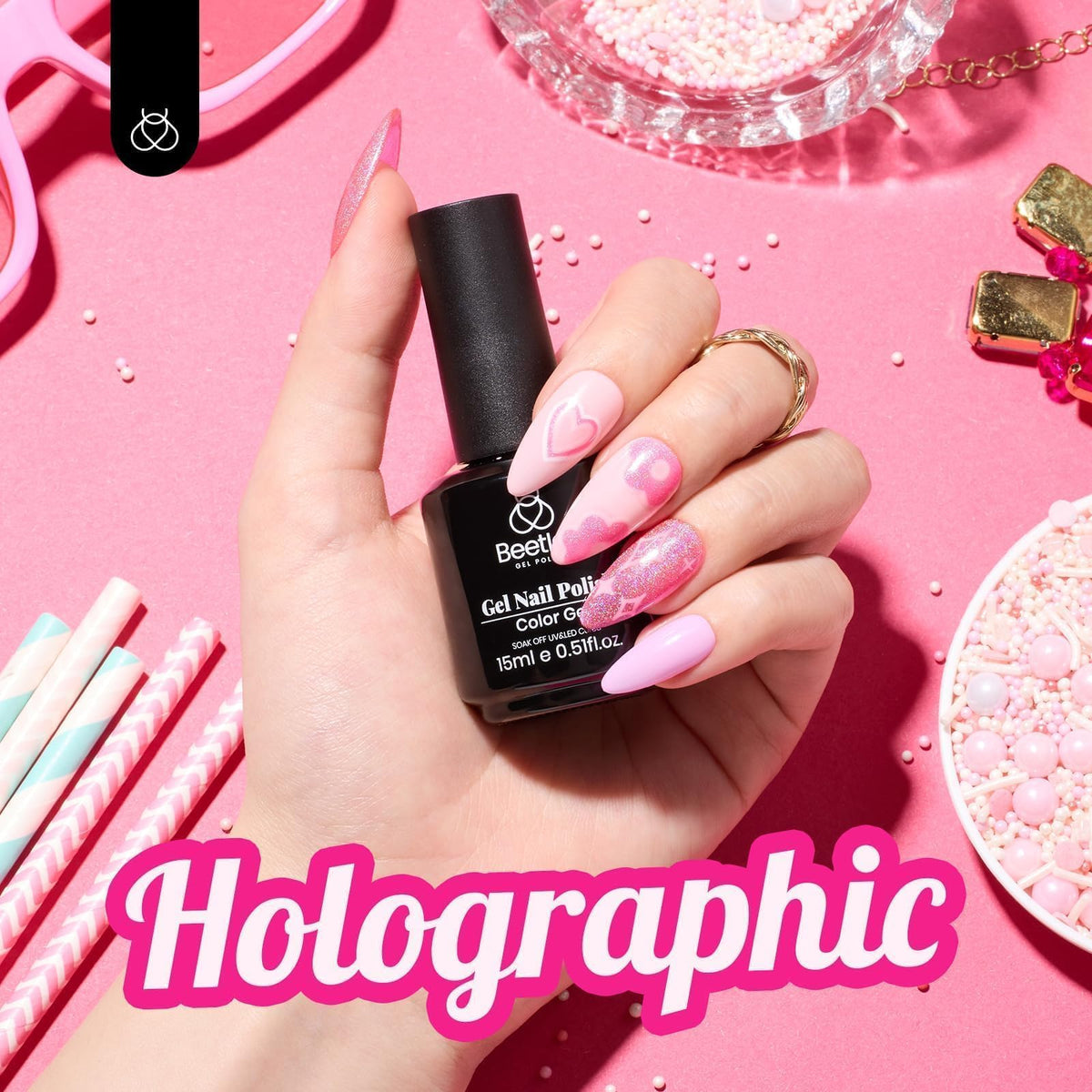 beetles Gel Polish Pink Glitter applied on nails