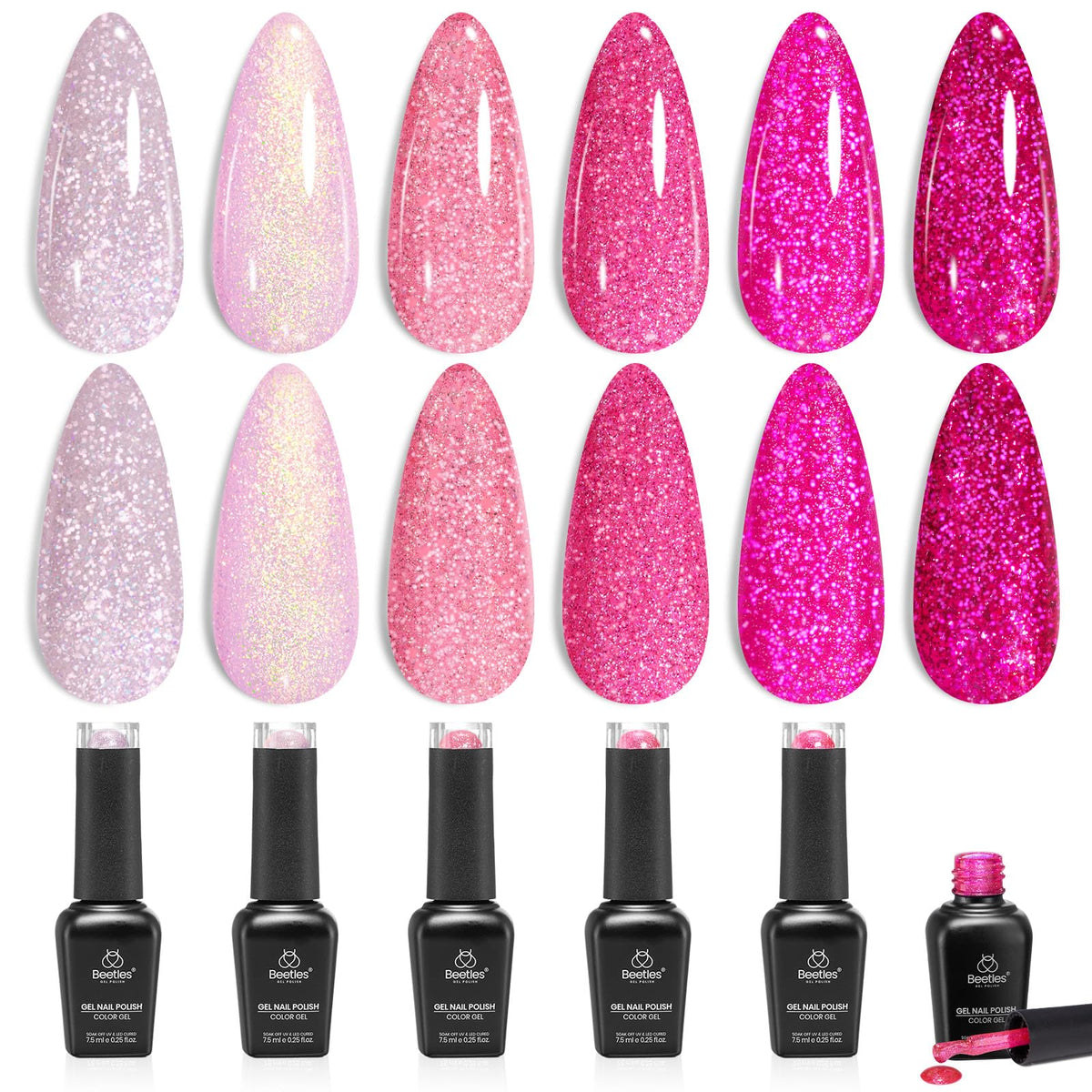 beetles Gel Polish Pink Glitter Set front view with six bottles