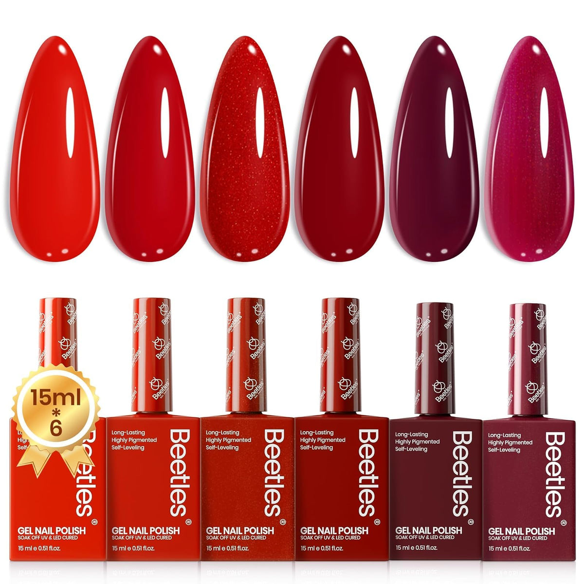 beetles Gel Polish Red Gel Nail Polish Set with six 15ML bottles