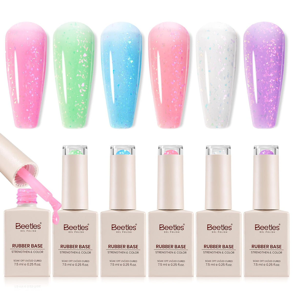 beetles Gel Polish Rubber Base Gel Set 6 pastel glitter bottles front view