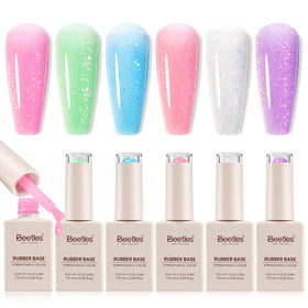 beetles Gel Polish Rubber Base Gel Set 6 pastel glitter bottles front view