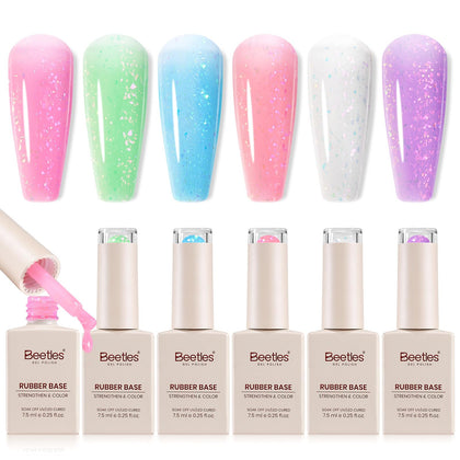 beetles Gel Polish Rubber Base Gel Set 6 pastel glitter bottles front view