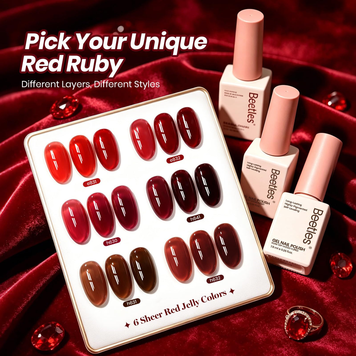 beetles Gel Polish Ruby Hour cherry red shade close-up