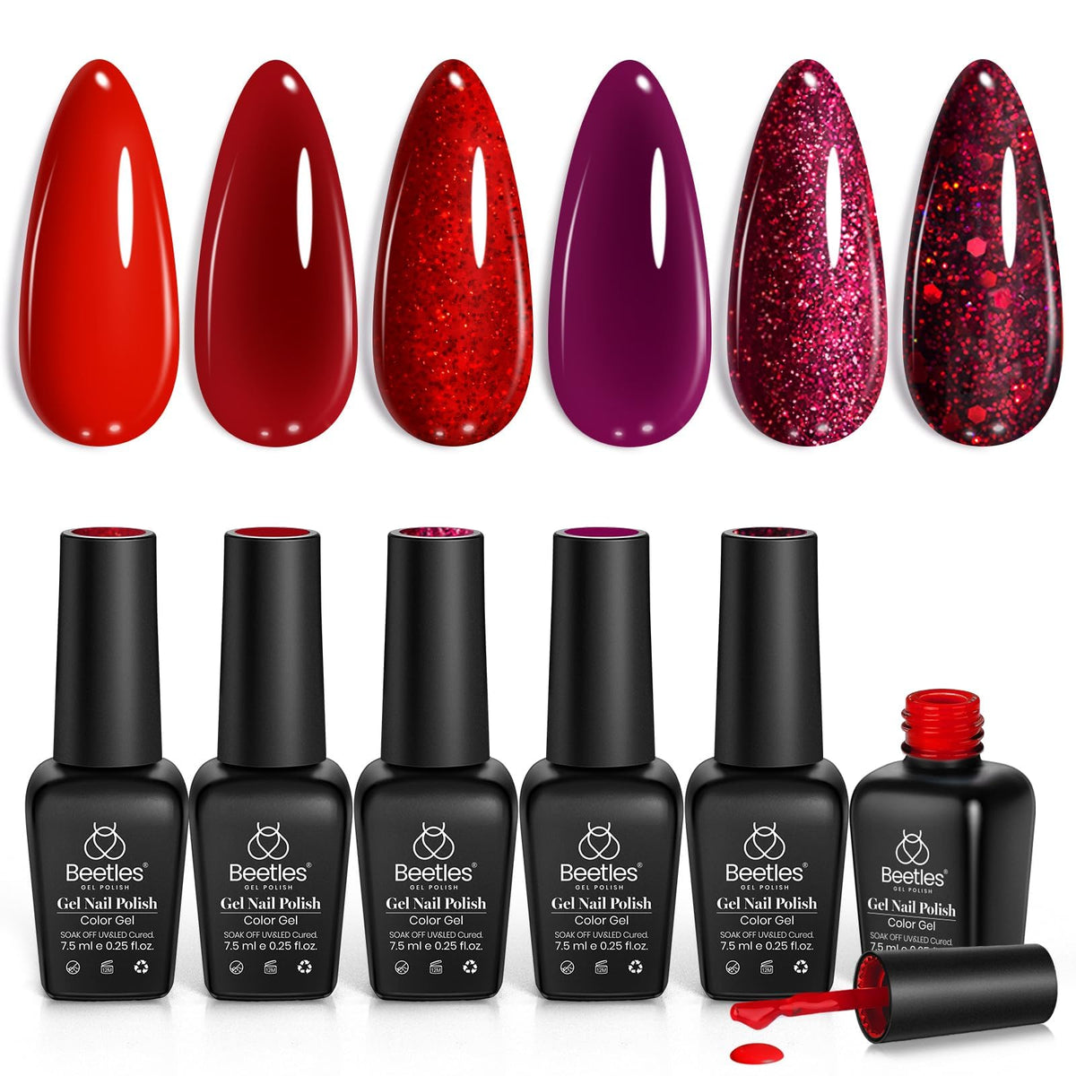 beetles Gel Polish Set 6 colors front view with red and glitter shades