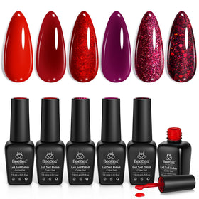 beetles Gel Polish Set 6 colors front view with red and glitter shades