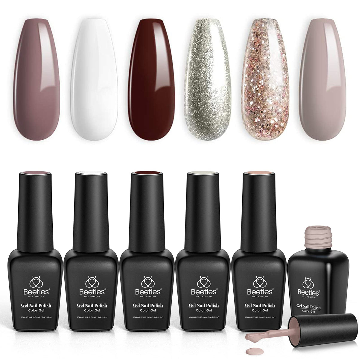 beetles Gel Polish Set 6 Colours front view with shades displayed