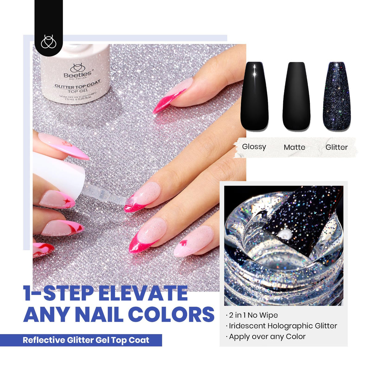 beetles Gel Polish Set displayed with colourful nail art