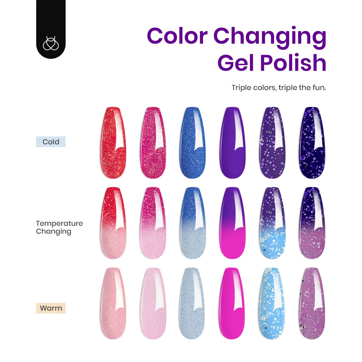 Beetles gel polish set displayed with various nail art designs
