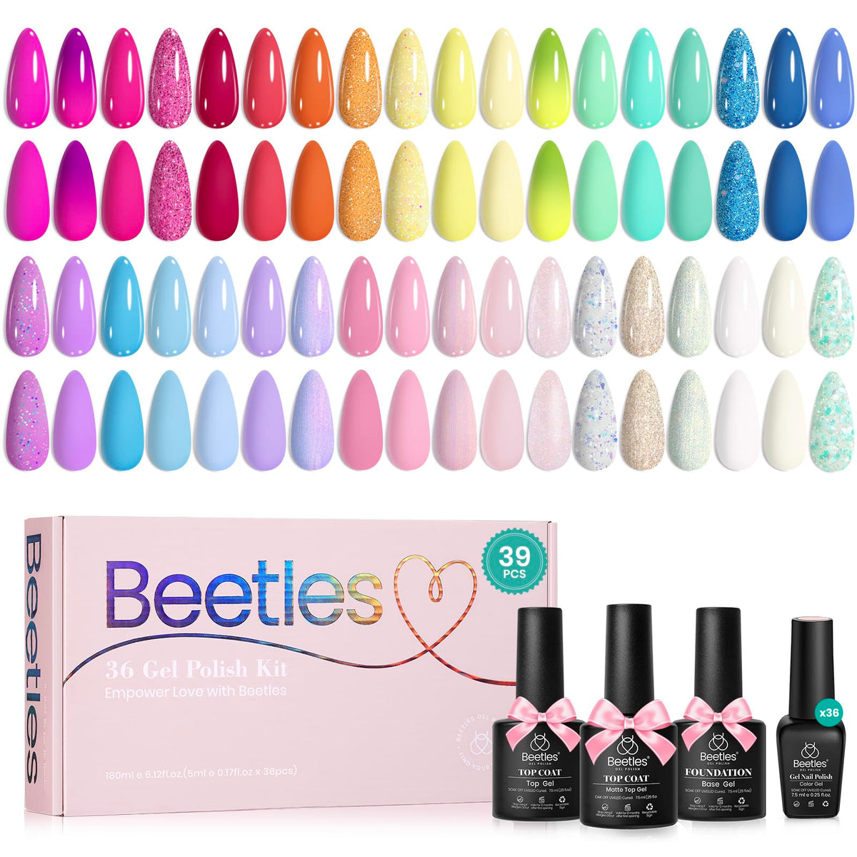 beetles Gel Polish Set featuring 36 neon gel polish shades and nail essentials