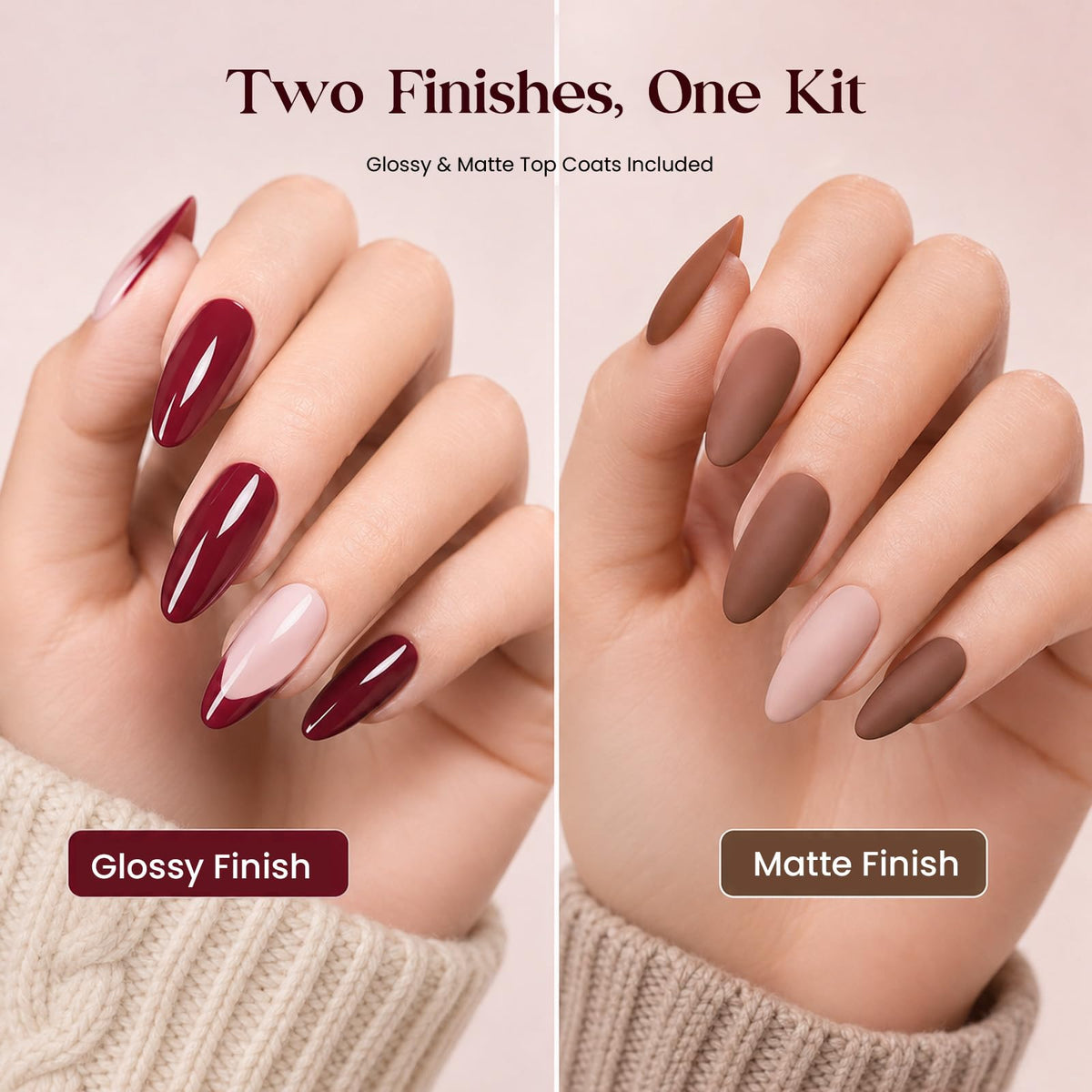 beetles gel polish set showing glossy and matte top coats