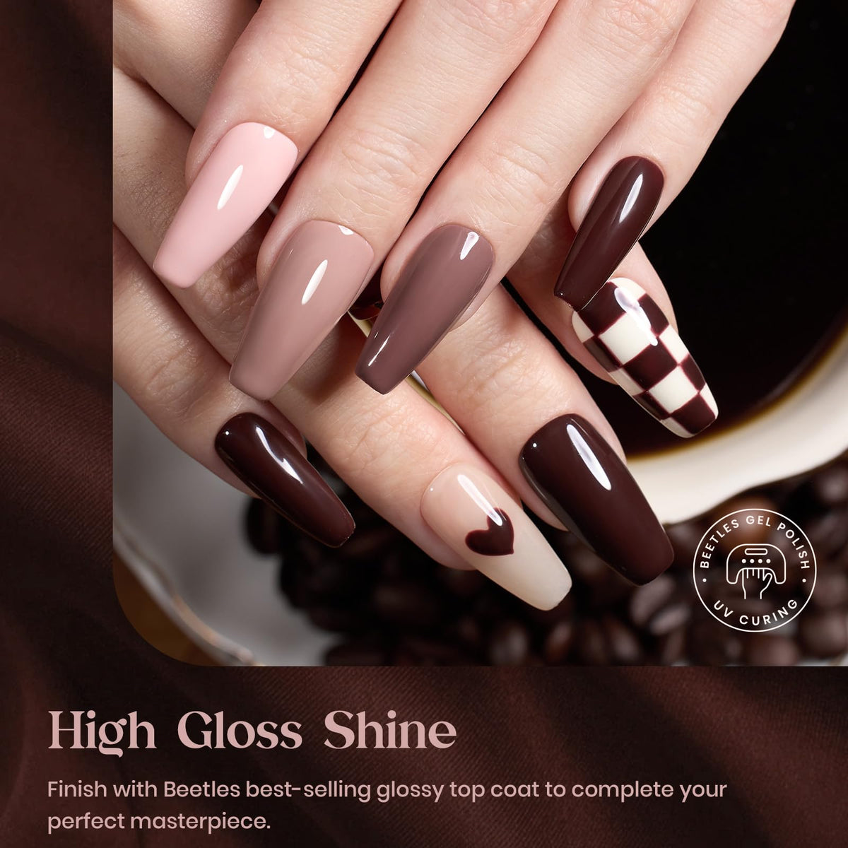 beetles Gel Polish set with a cozy coffee cup in the background