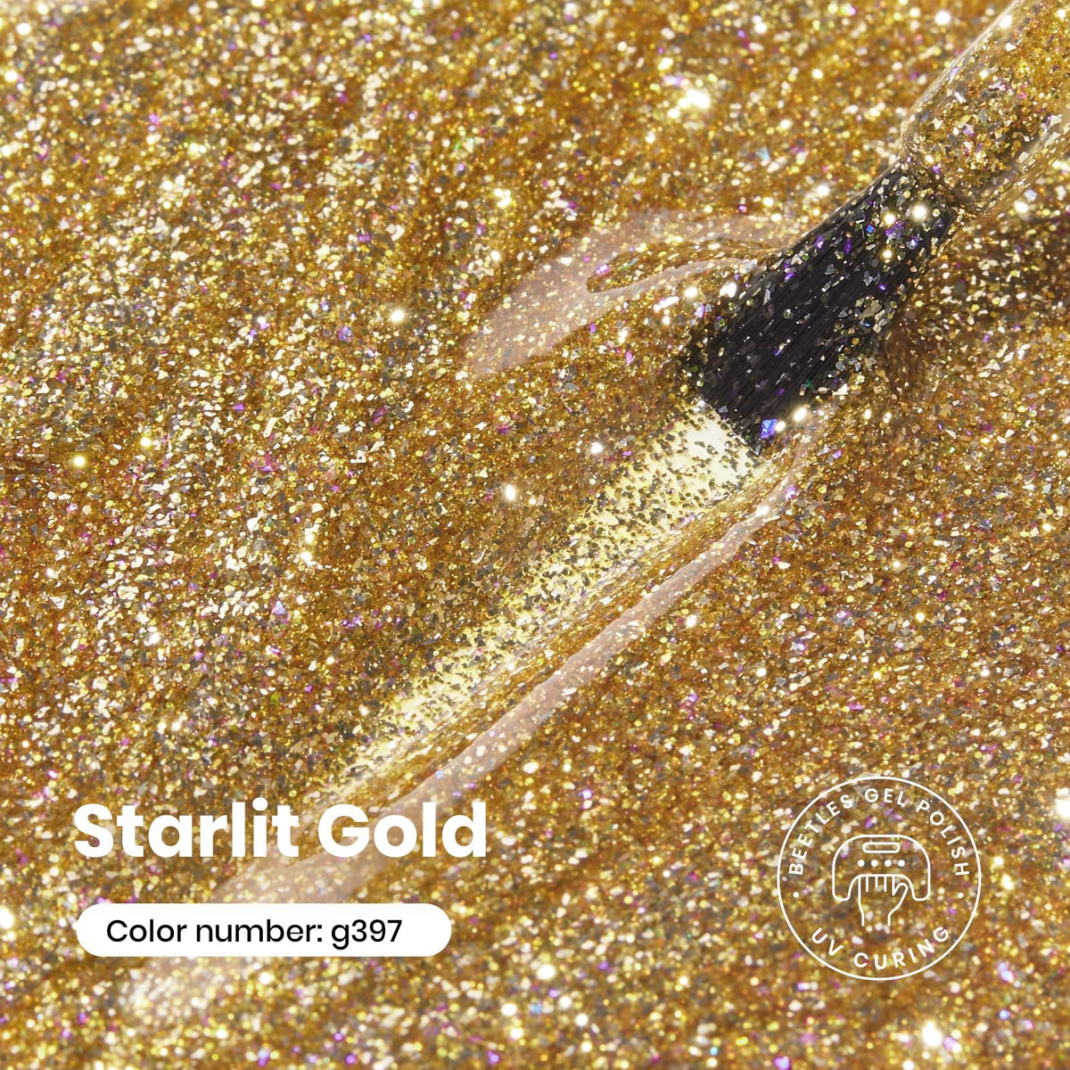 beetles Gel Polish Starlit Gold glitter texture close-up