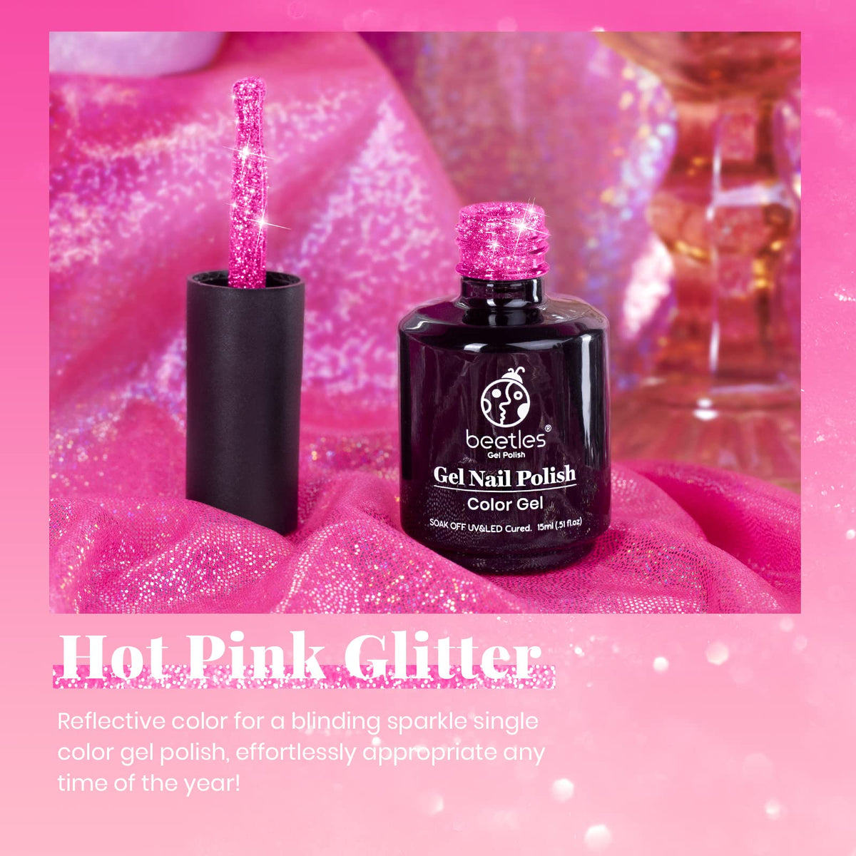 beetles Glitter Gel Nail Polish Hot Pink application on nails