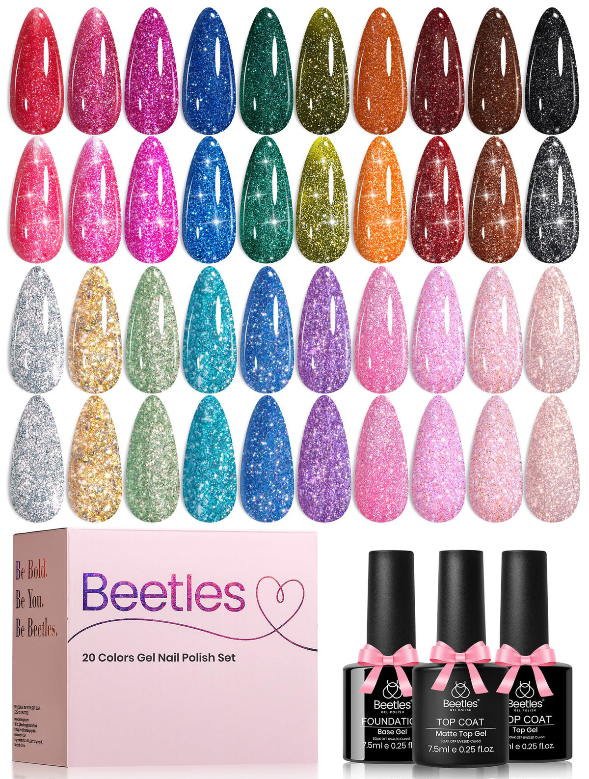 beetles Glitter Gel Nail Polish Set with 20 colours and top coats