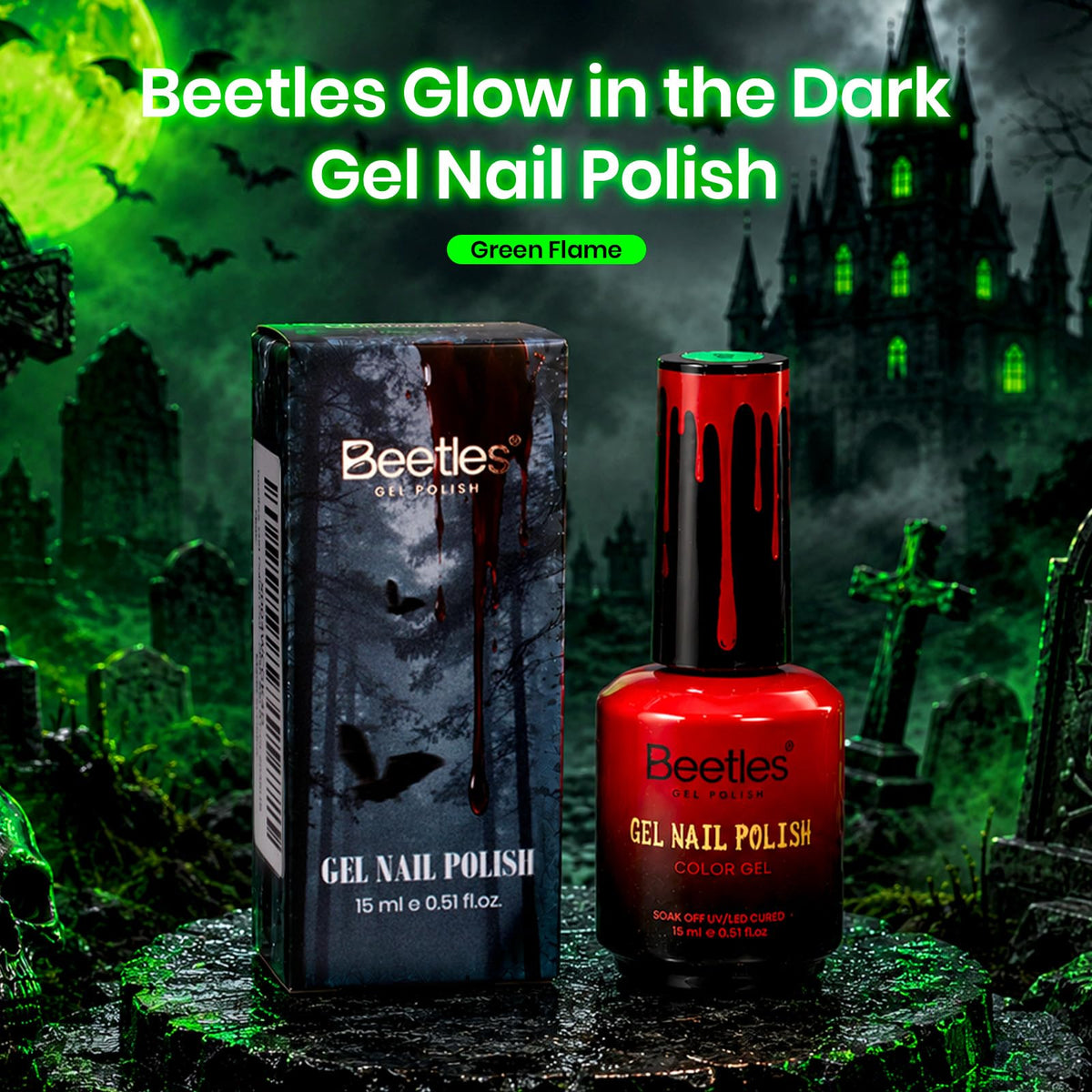 beetles Glow In The Dark Gel Nail Polish Neon Green application on nails
