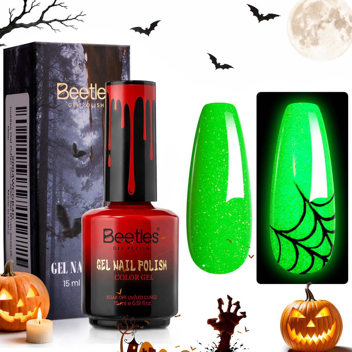 beetles Glow In The Dark Gel Nail Polish Neon Green bottle front view