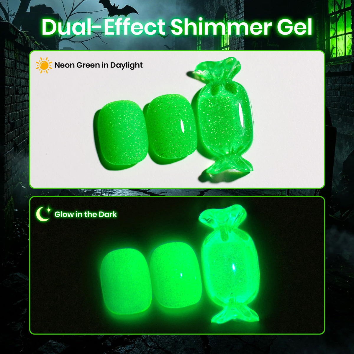 beetles Glow In The Dark Gel Nail Polish Neon Green under UV light