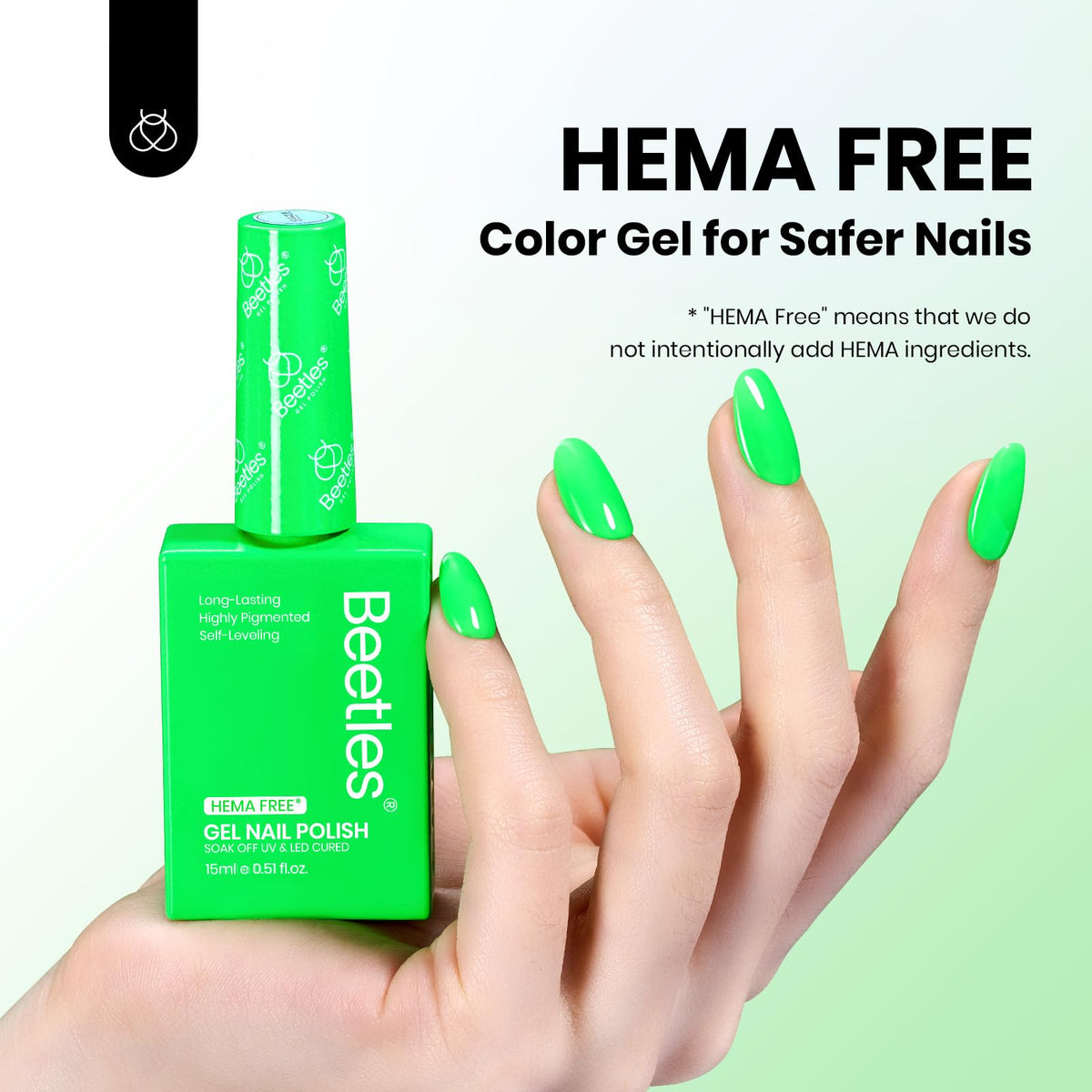 Beetles Green Gel Nail Polish 15ml bottle side view
