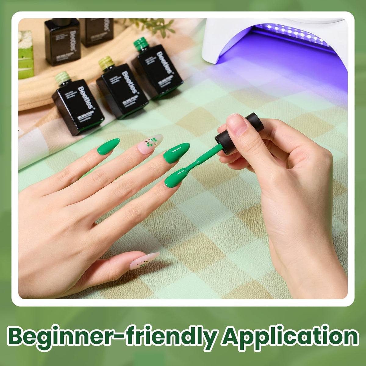 Beetles Green Gel Polish Set displayed with nail art tools