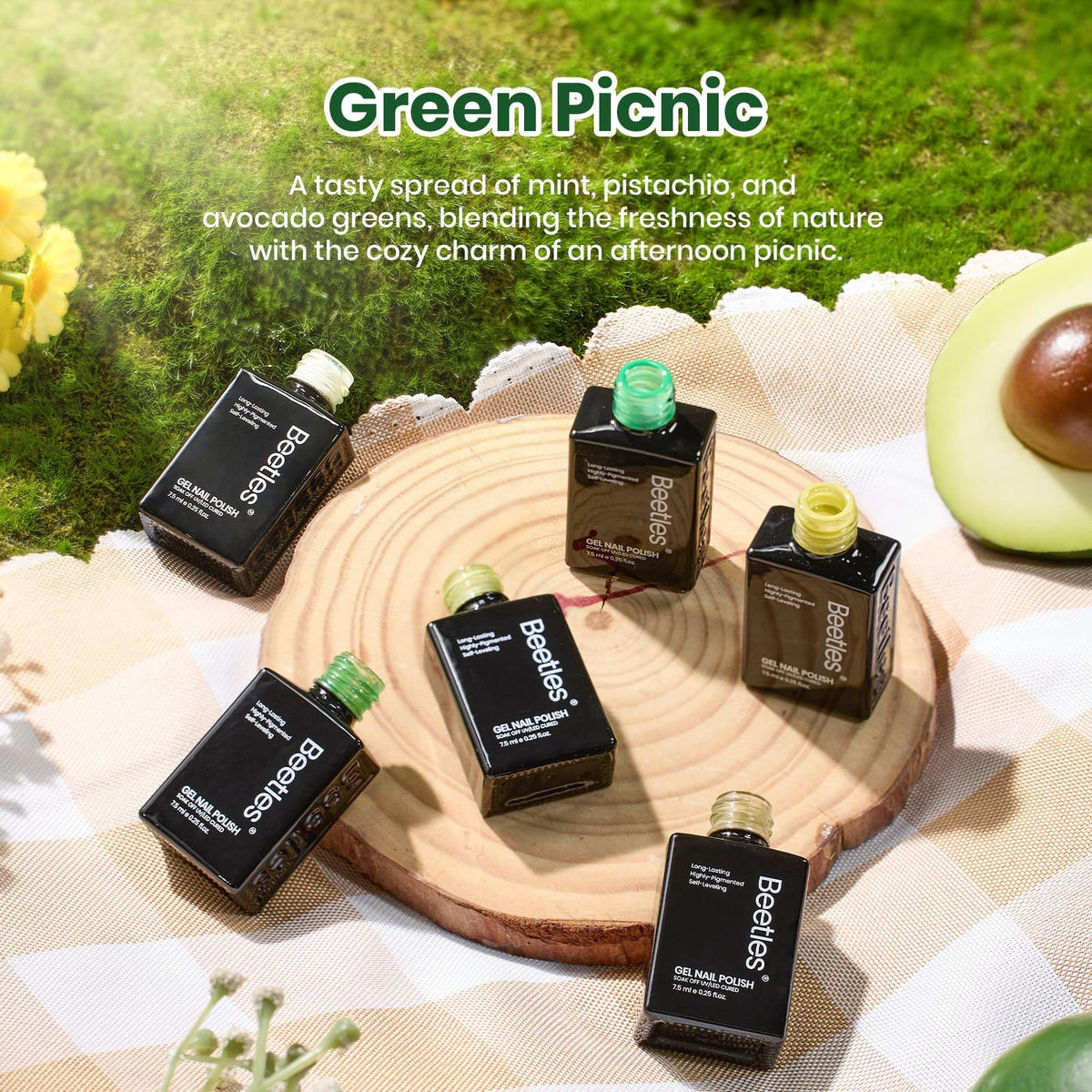 Beetles Green Gel Polish Set showing vibrant green shades