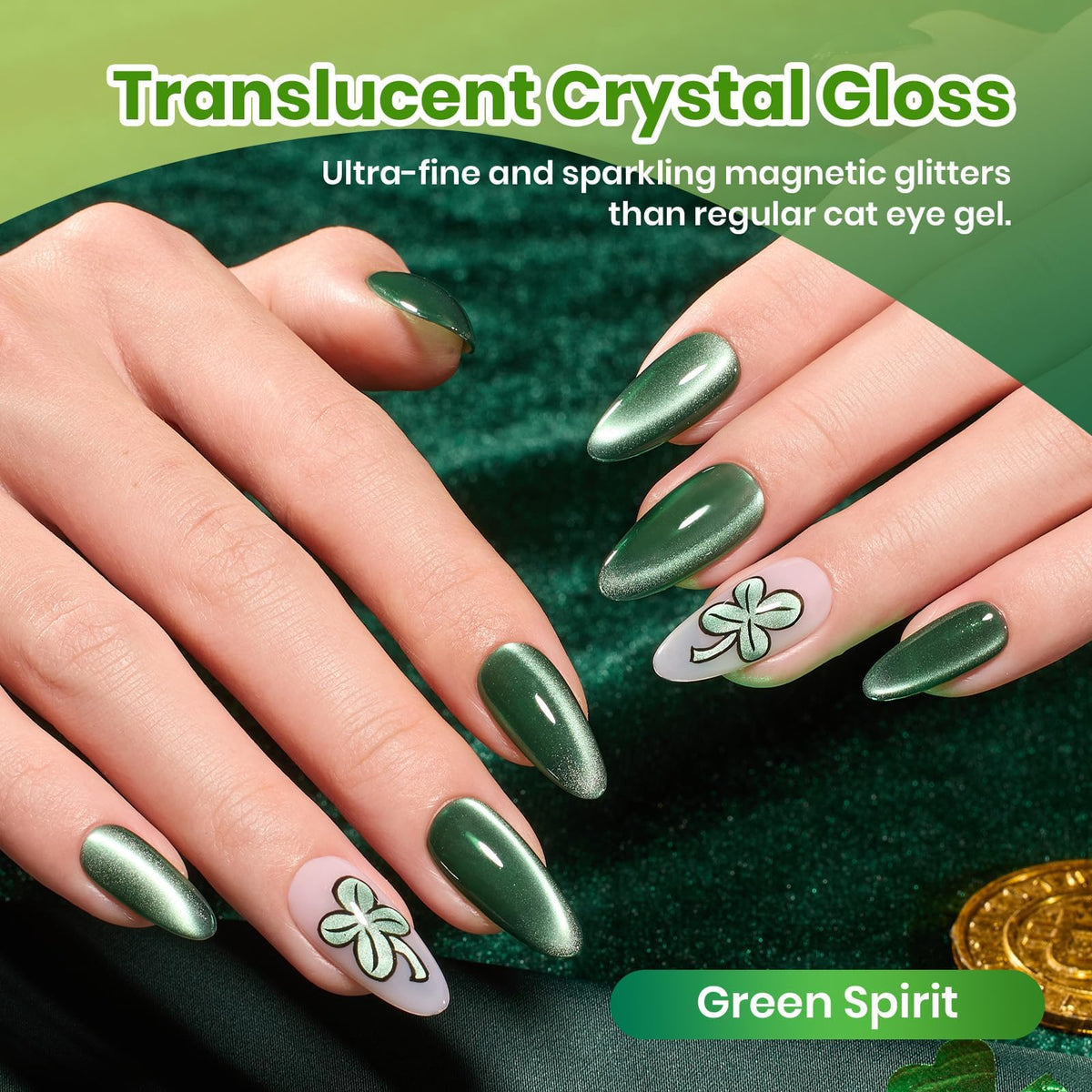 beetles Green Spirit Cat Eye Gel Nail Polish close-up of glitter effect