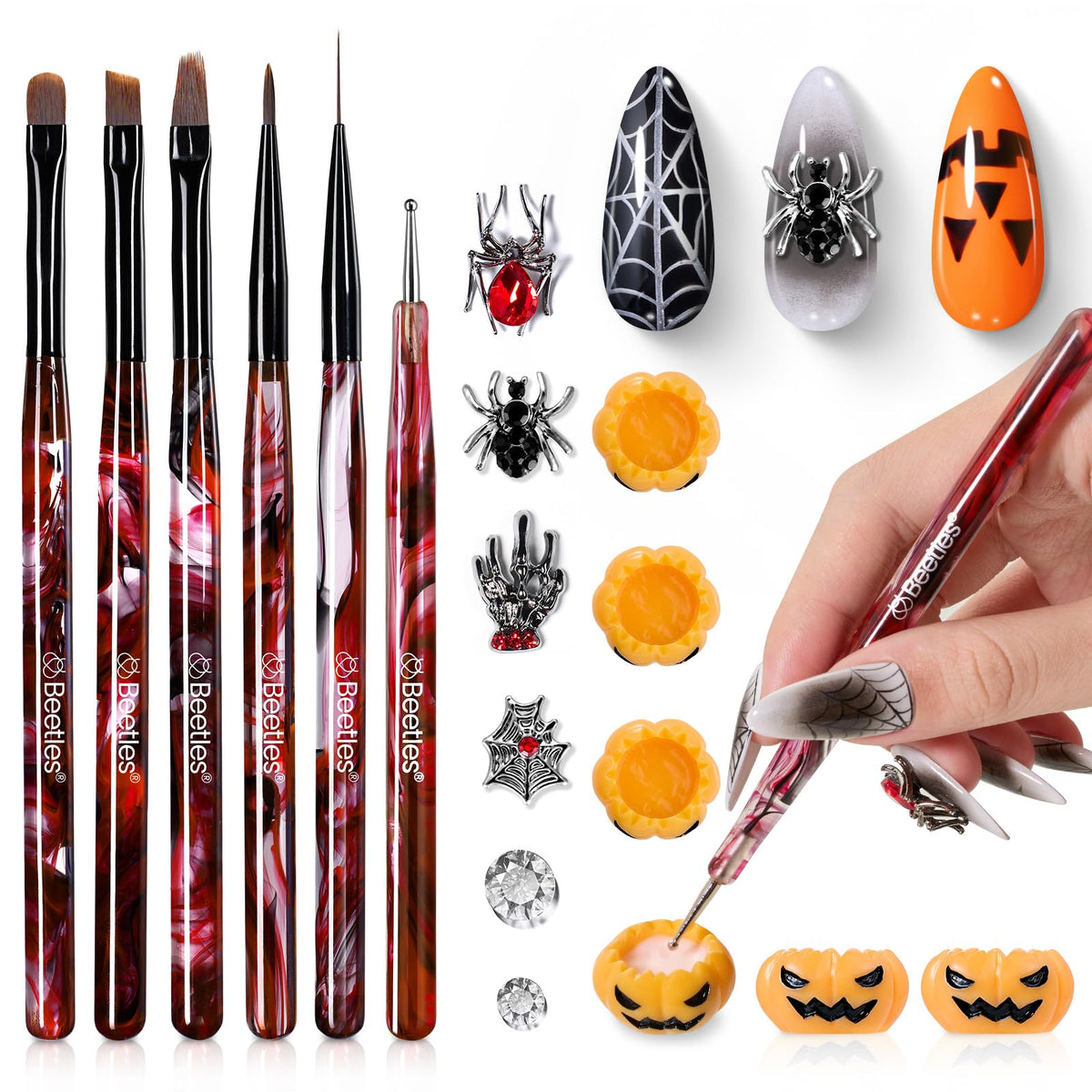 beetles Halloween nail art brushes set with 6 pens and pumpkin palette