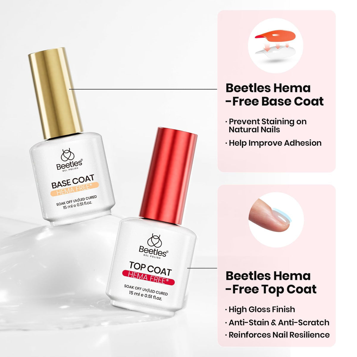 beetles HEMA-Free base coat and top coat bottles