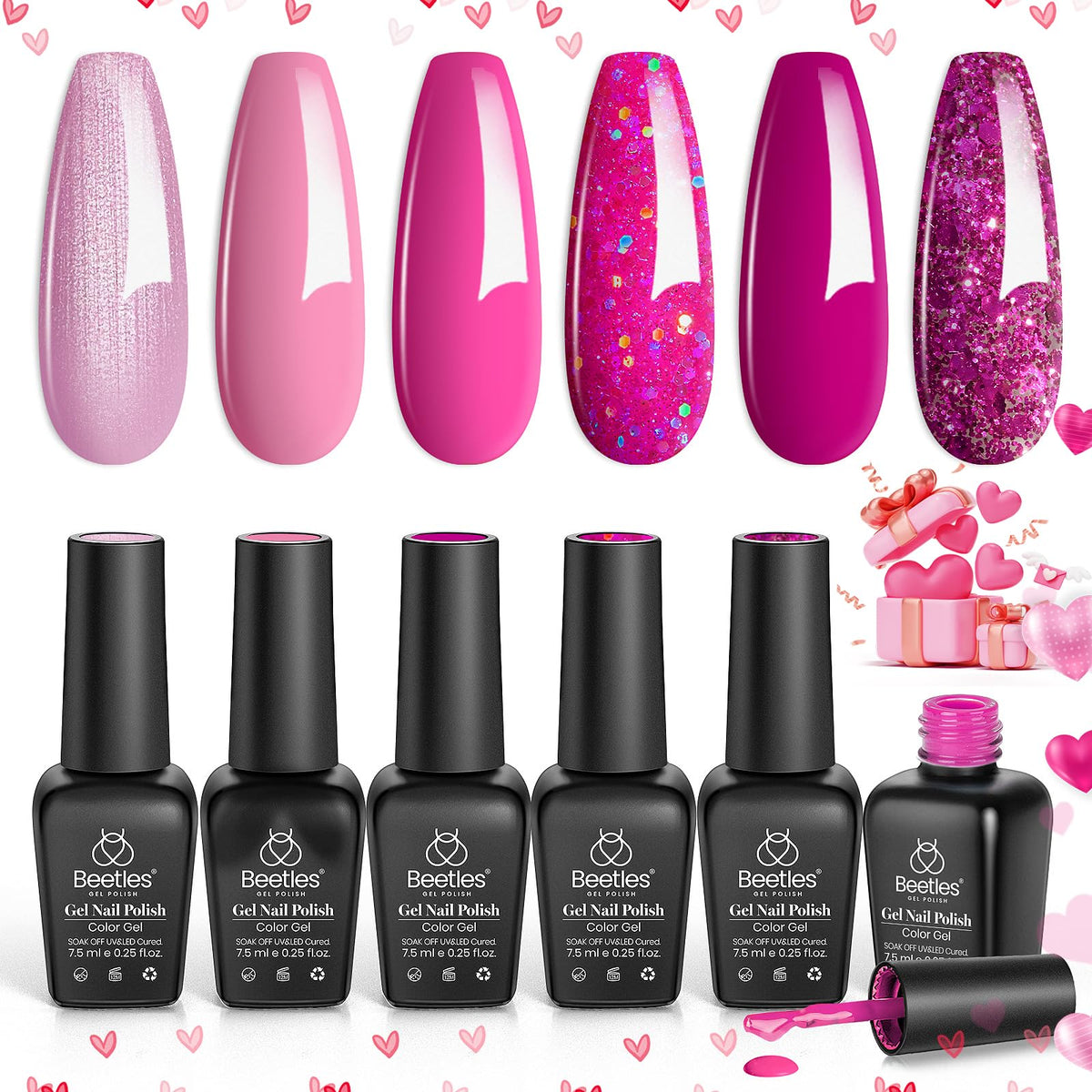 beetles Hot Pink Gel Polish Set displayed with nail art tools