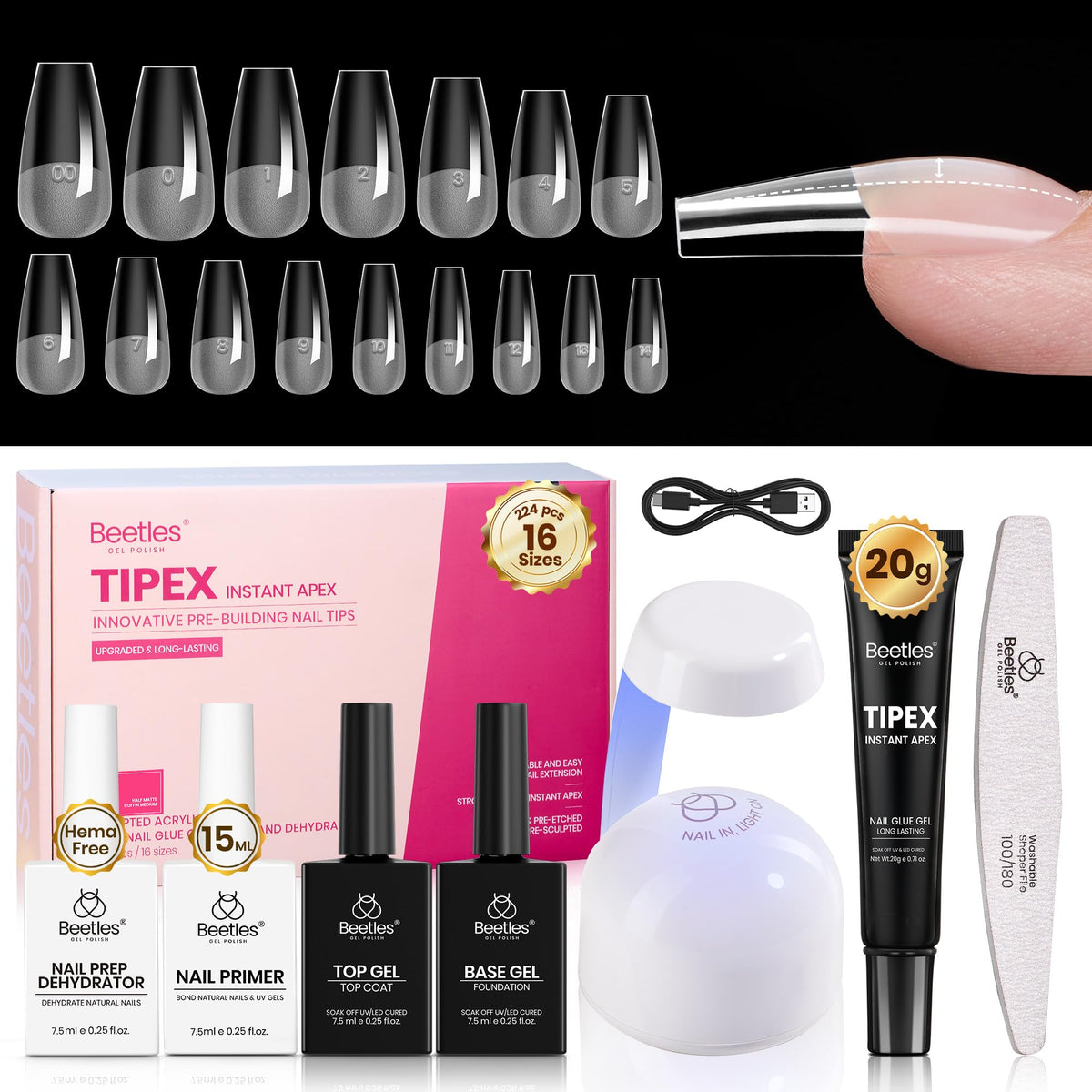 Beetles Instant Apex Nail Tips Kit, medium coffin tips front view