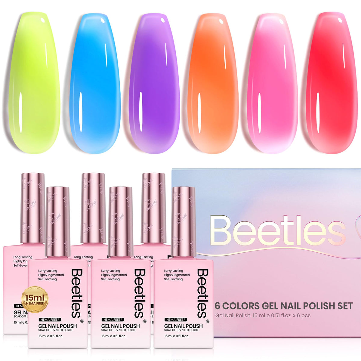 beetles Jelly Gel Polish Set 6 neon colours front view