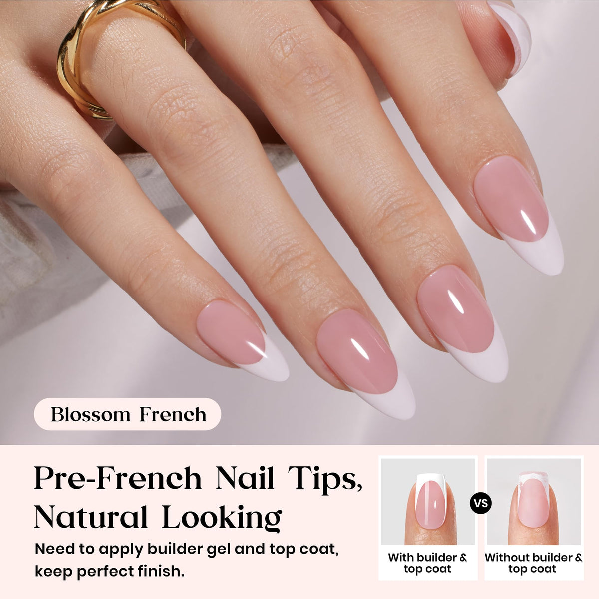 beetles medium almond nails in classic pink with white tips