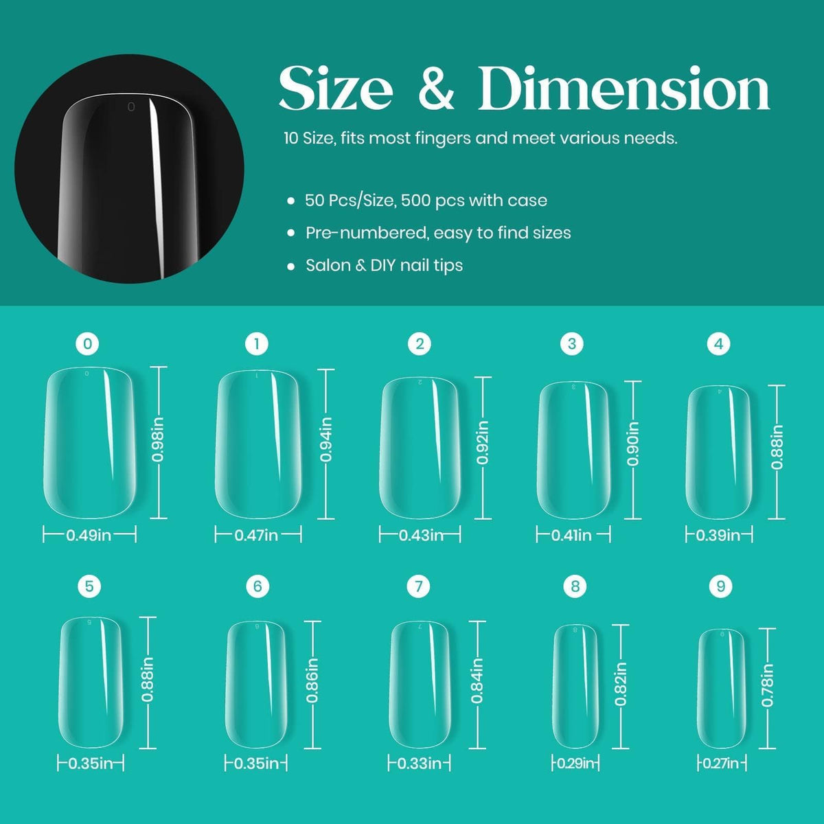 beetles Medium Square Nail Tips showing numbered sizes