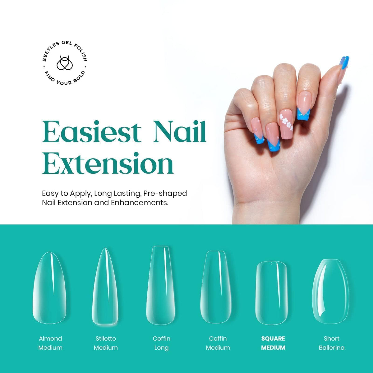 beetles Medium Square Nail Tips various sizes displayed