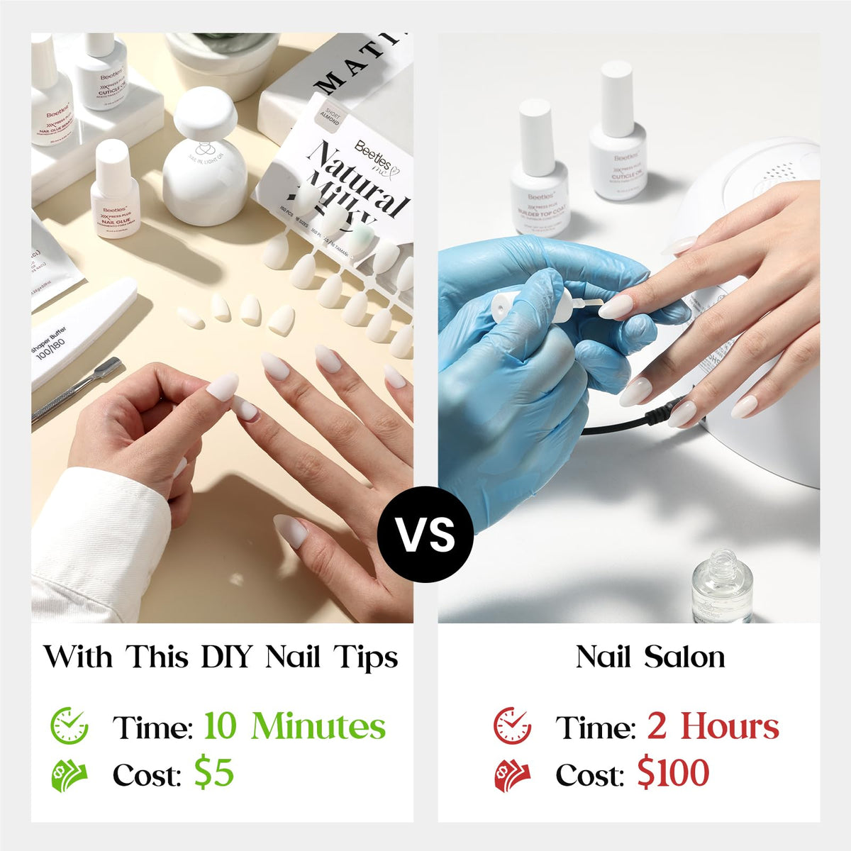 beetles Milky White Press On Nails applied on natural nails