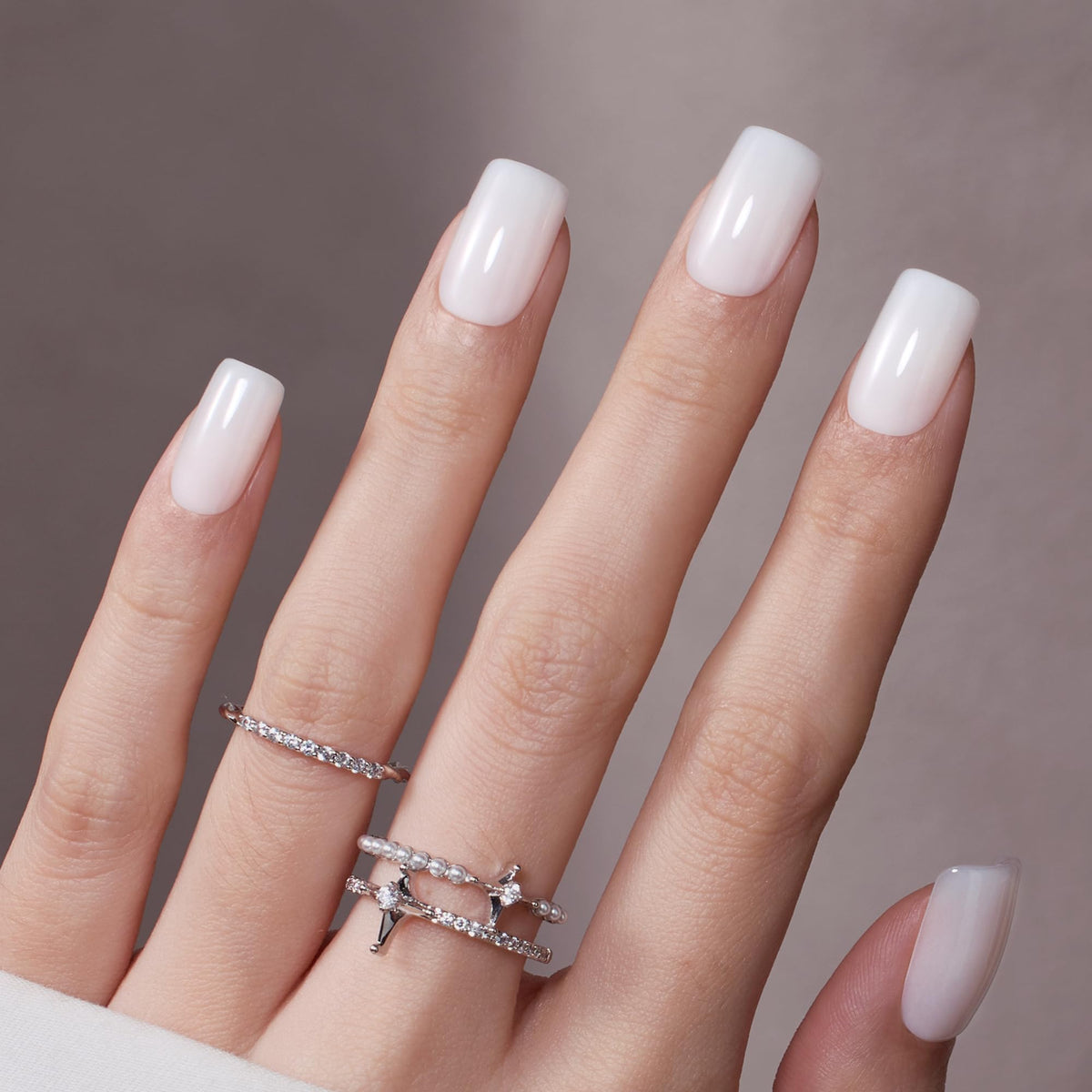 beetles Milky White Press On Nails close-up of the gel finish