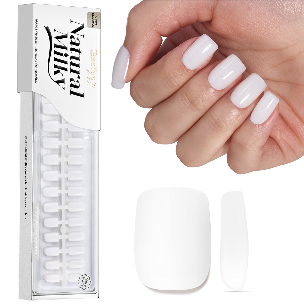 beetles Milky White Press On Nails front view with packaging